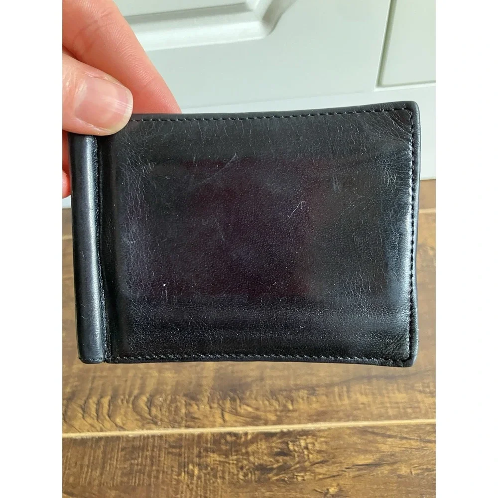 Geoffrey Beene Black Genuine Leather Money Clip Wallet Slim Bifold Card Holder